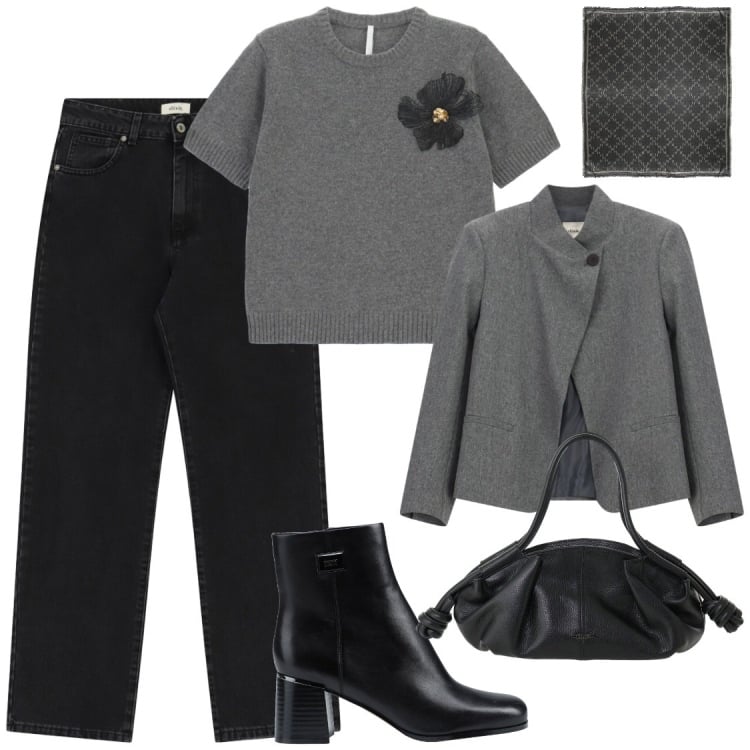 Outfit donna - Anni 90 mood. Stile Chic per Ufficio. Abbinamento con maglieria, blazer, borse a mano, jeans dritti, sciarpe, stivaletti.
