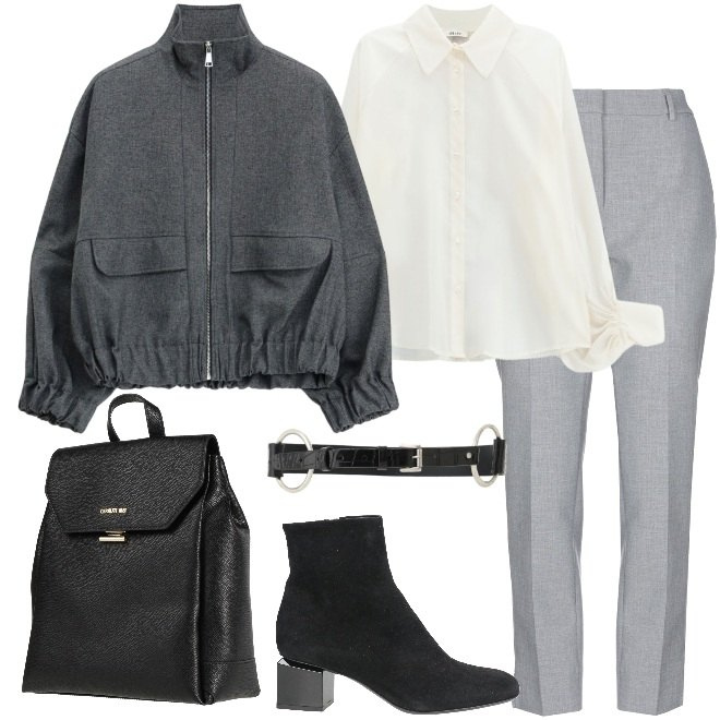 Outfit donna - Toni di grigio. Stile Urban per Tutti i giorni. Abbinamento con bomber, cinture, camicie, pantaloni, zaini, stivaletti.