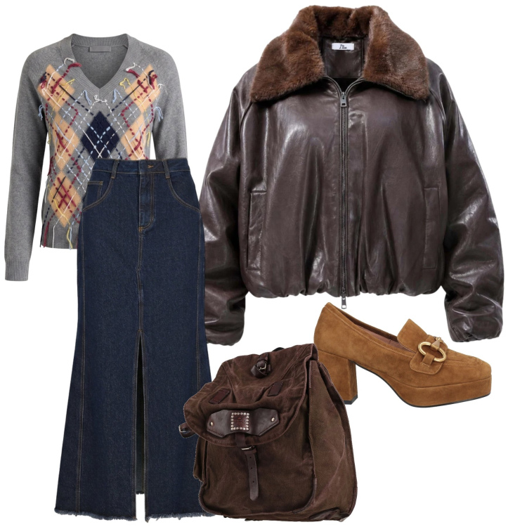 Outfit donna - Ottobre. Stile Casual chic per Tutti i giorni. Abbinamento con bomber, maglieria, gonne lunghe, mocassini, zaini.
