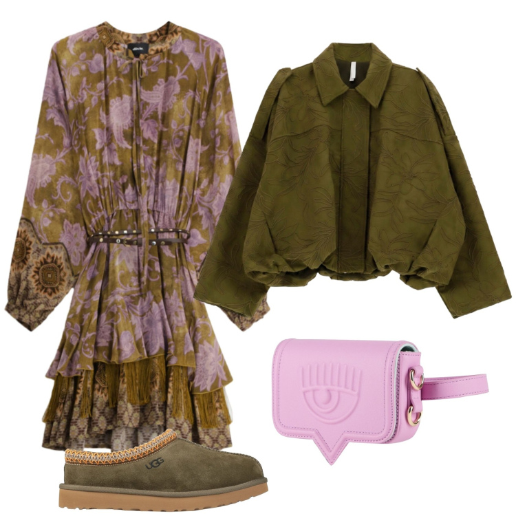 Outfit donna - Total look #2497264. Stile Boho per Serata fuori. Abbinamento con bomber, vestiti corti, marsupi, stivaletti.