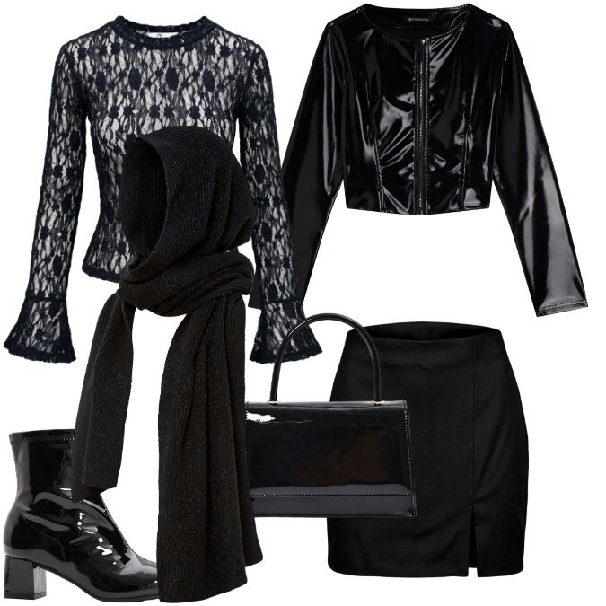 Outfit donna - Ispirazioni Gothic Glam per Halloween. Stile Rock per Serata fuori. Abbinamento con top, minigonne, giacche, borse a mano, sciarpe, stivaletti.