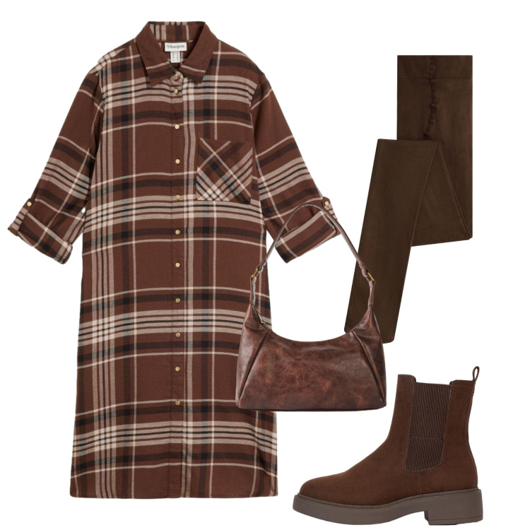 Outfit donna - Comodissima in tartan marrone. Stile Bon Ton per Tutti i giorni. Abbinamento con vestiti chemisier, stivaletti, borse a mano, collant.