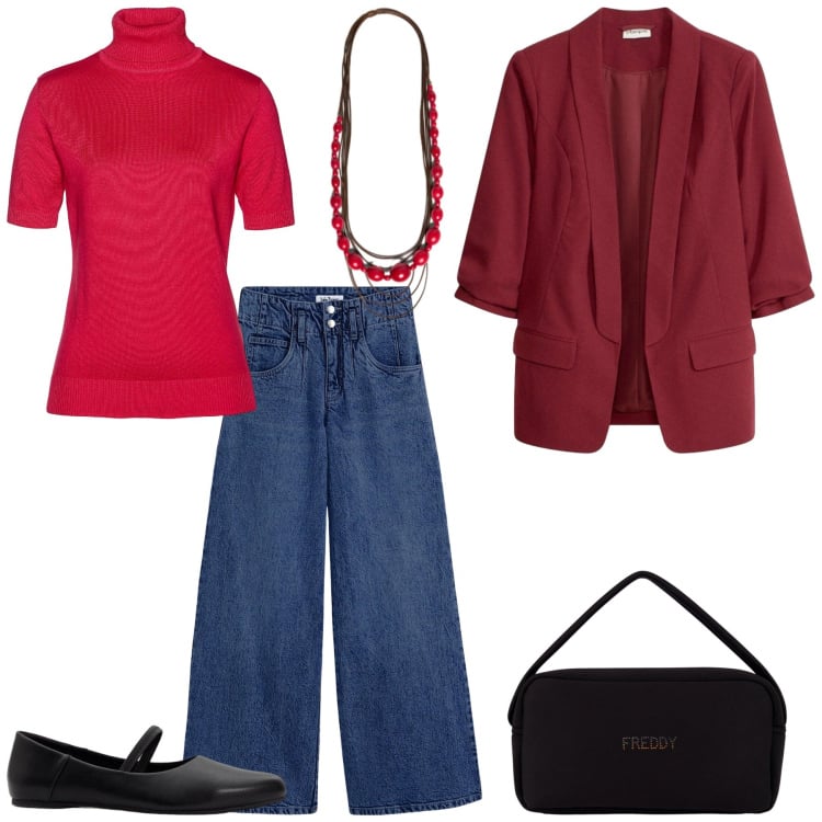 Outfit donna - Total look #2497278. Stile Minimal per Ufficio. Abbinamento con collane, borse a mano, blazer, maglieria, jeans, ballerine.