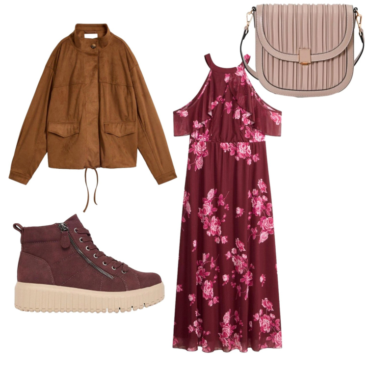 Outfit donna - Bordeaux & Cammello. Stile Casual chic per Tutti i giorni. Abbinamento con borse a tracolla, sneakers alte, bomber, vestiti lunghi.