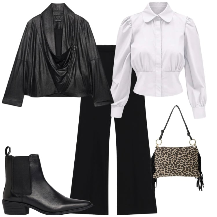 Outfit donna - Minimal chic week end in città. Stile Minimal per Tutti i giorni. Abbinamento con camicie, borse a spalla, pantaloni, blazer, stivaletti.