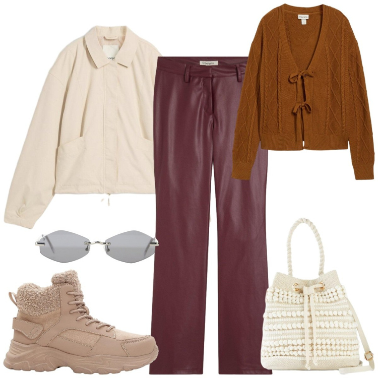 Outfit donna - Mix inverno. Stile Casual chic per Tutti i giorni. Abbinamento con occhiali da sole, cardigans, pantaloni, stivaletti, bomber, borse a secchiello.