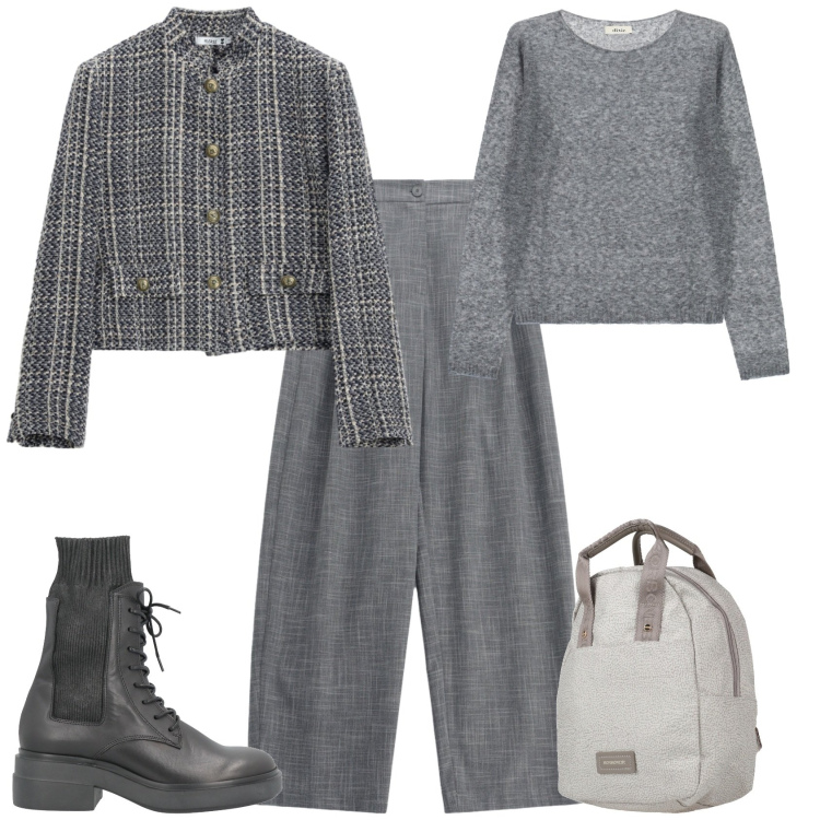 Outfit donna - Minimal chic week end in città. Stile Minimal per Tutti i giorni. Abbinamento con pantaloni a palazzo, cappotti, maglieria, zaini, stivaletti.