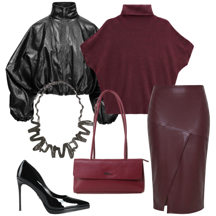 Outfit donna - Total look #2497285. Stile Chic per Serata fuori. Abbinamento con bomber, pullovers, ciondoli, borse a spalla, gonne longuette, décolleté.