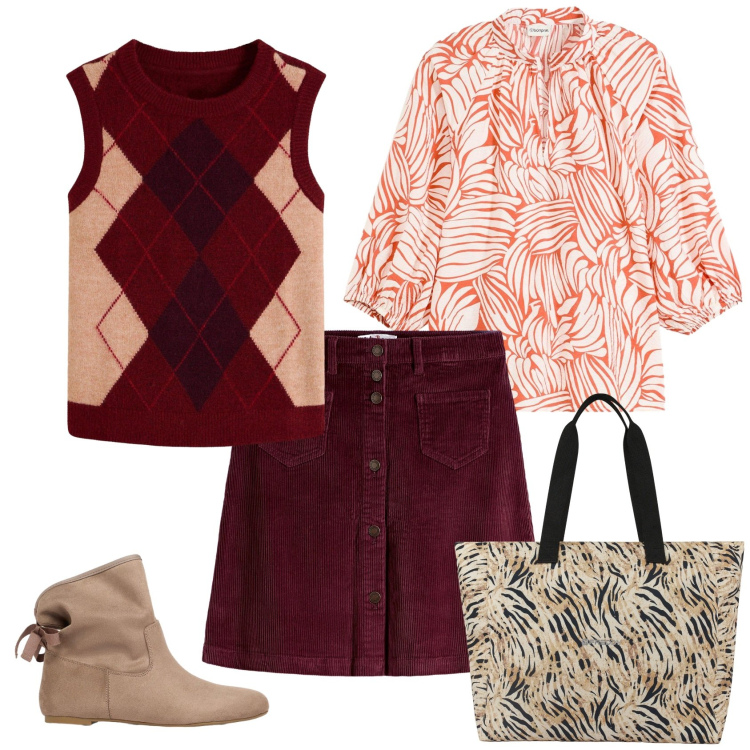 Outfit donna - Total look #2497286. Stile Casual chic per Ufficio. Abbinamento con shopping bag, gonne, tuniche, maglieria, stivaletti.