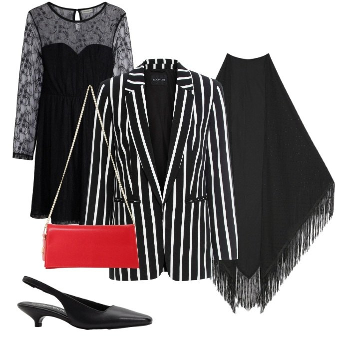 Outfit donna - Spooky Beetlejuice Elegance - Halloween. Stile Glamour per Serata fuori. Abbinamento con borse a tracolla, foulard, décolleté, vestiti, blazer.