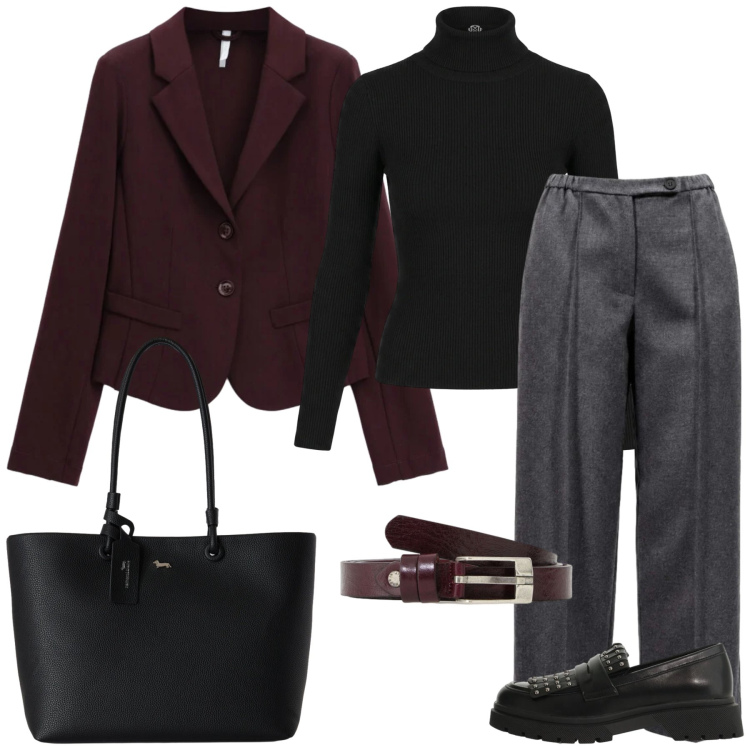 Outfit donna - Total look #2497290. Stile Casual chic per Ufficio. Abbinamento con pantaloni, shopping bag, blazer, mocassini, cinture, pullovers.