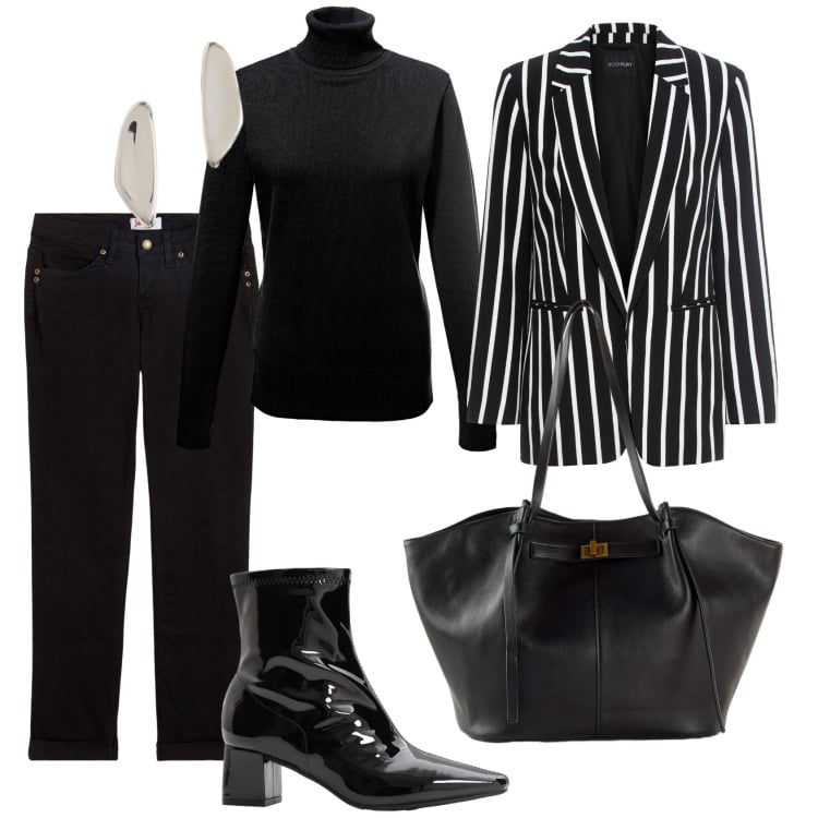 Outfit donna - Total look #2497291. Stile Casual chic per Ufficio. Abbinamento con orecchini, blazer, maglieria, jeans dritti, shopping bag, stivaletti.