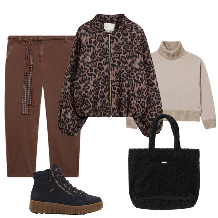 Outfit donna - Bomber animalier. Stile Casual chic per Tutti i giorni. Abbinamento con pantaloni chino, borse a mano, pullovers, sneakers alte, bomber.