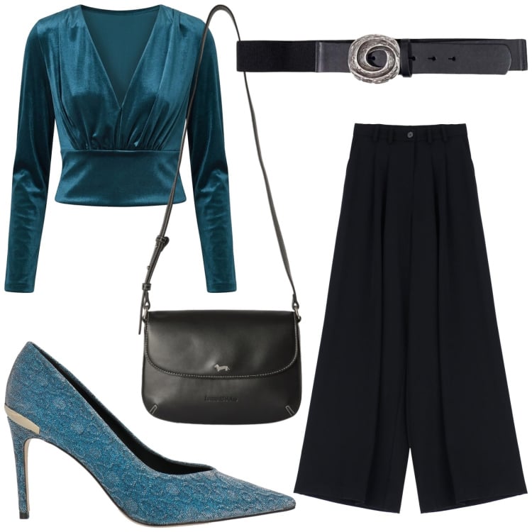 Outfit donna - Elegante. Stile Casual chic per Tutti i giorni. Abbinamento con cinture, borse a tracolla, pantaloni, bluse, décolleté.