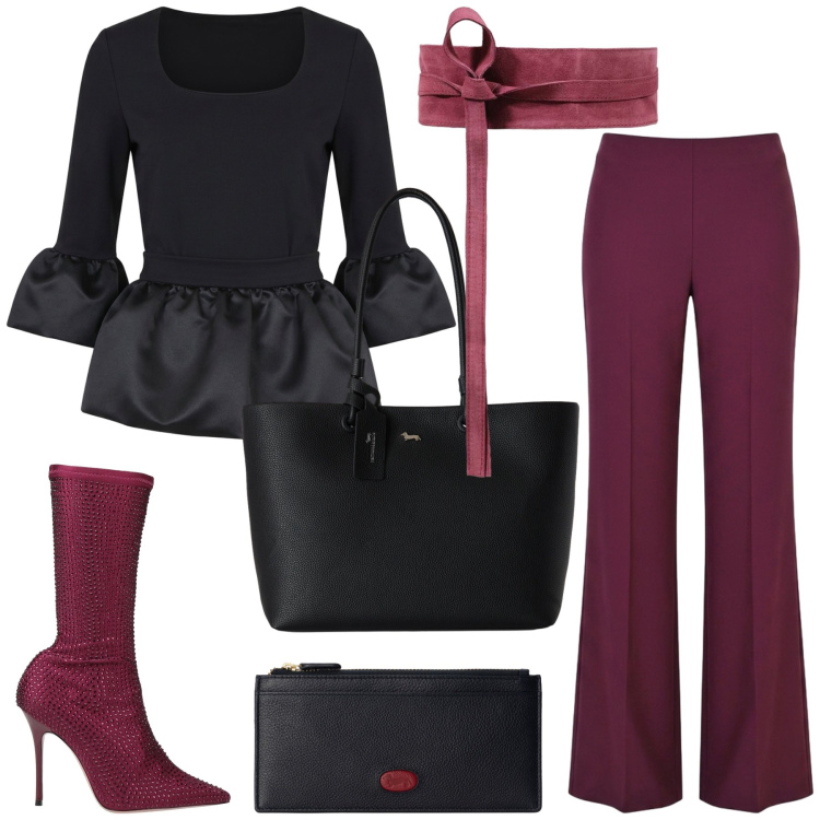 Outfit donna - Perfetta in bordeaux. Stile Casual chic per Tutti i giorni. Abbinamento con cinture, shopping bag, portafogli, pantaloni a palazzo, bluse, stivali.