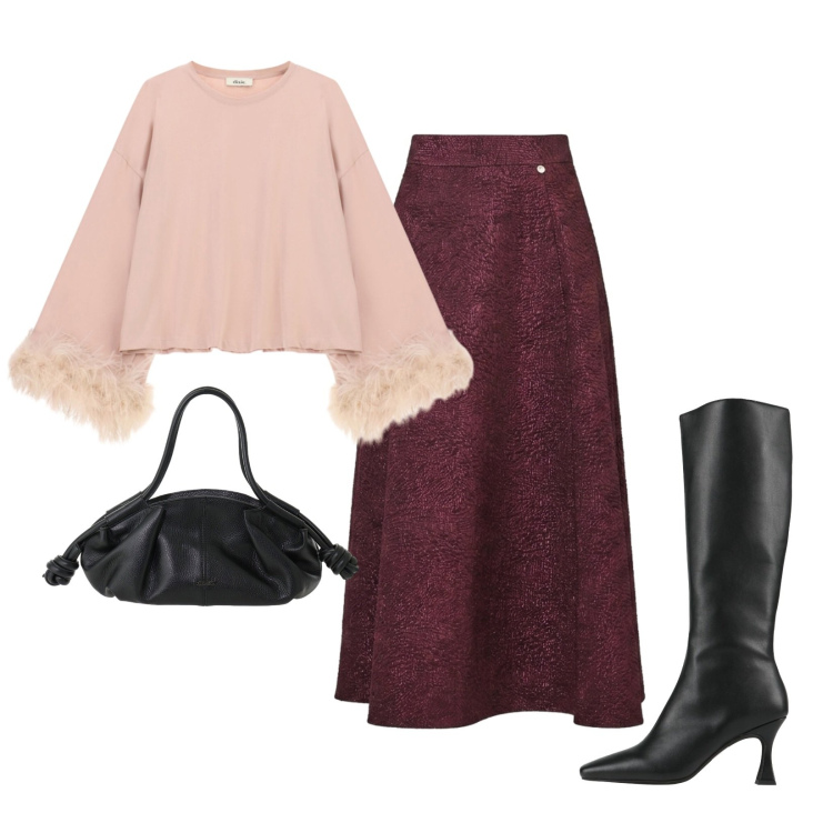Outfit donna - Piume e broccato. Stile Romantica per Cerimonia. Abbinamento con gonne longuette, top, borse a mano, stivali.