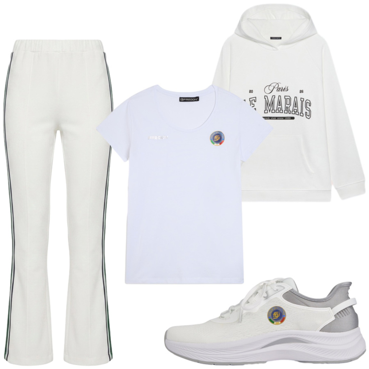 Outfit donna - Sportiva. Stile Sporty chic per Sport. Abbinamento con pantaloni, felpe con cappuccio, scarpe sportive, t-shirt sportive.