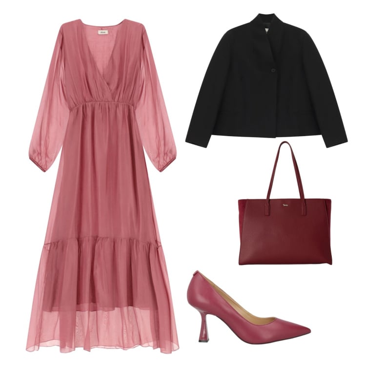 Outfit donna - Combinazione chic. Stile Chic per Tutti i giorni. Abbinamento con shopping bag, vestiti lunghi, blazer, décolleté.