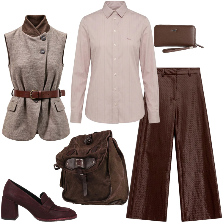 Outfit donna - Total look #2497312. Stile Urban per Ufficio. Abbinamento con gilet, portafogli, camicie, pantaloni a palazzo, mocassini, zaini.