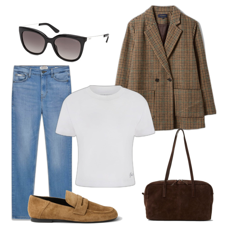 Outfit mujer - Casual #10544. Estilo Casual para Todos los días. Combinación con vaqueros pitillo, mochilas, blazers, mocasines, camiseta, gafas de sol.