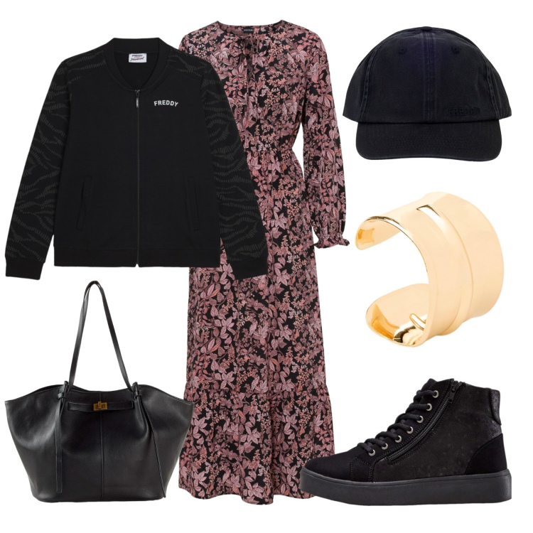 Outfit donna - Giorno e Sera. Stile Sporty chic per Tutti i giorni. Abbinamento con cappelli con visiera, bomber, shopping bag, vestiti lunghi, sneakers alte, braccialetti.