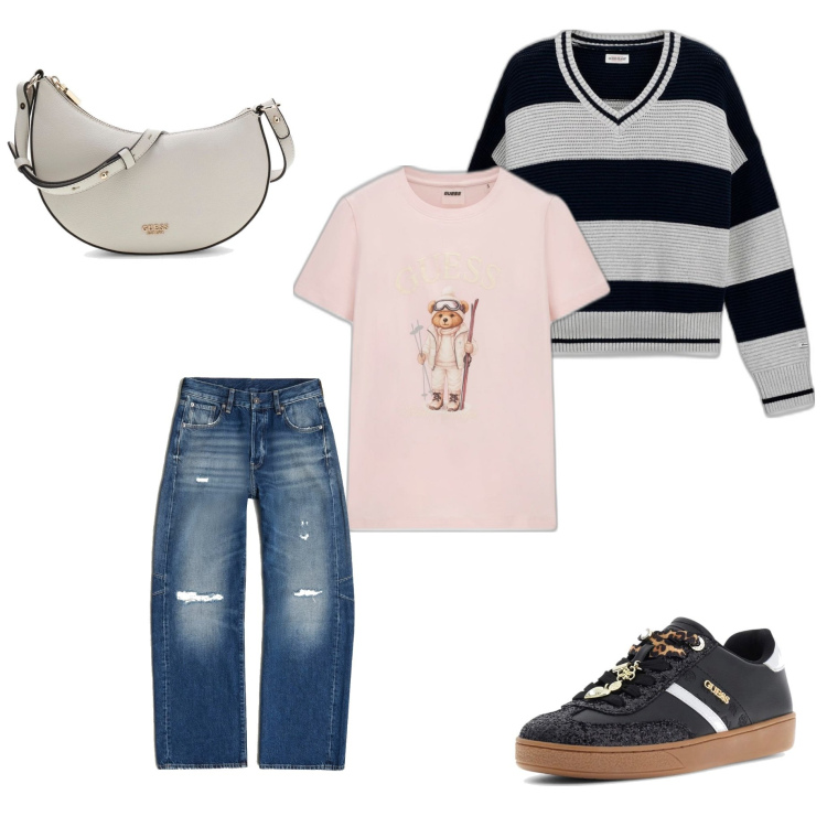 Outfit mujer - Casual #10546. Estilo Casual para Todos los días. Combinación con prendas de punto, bandoleras, sneakers, vaqueros, camiseta.