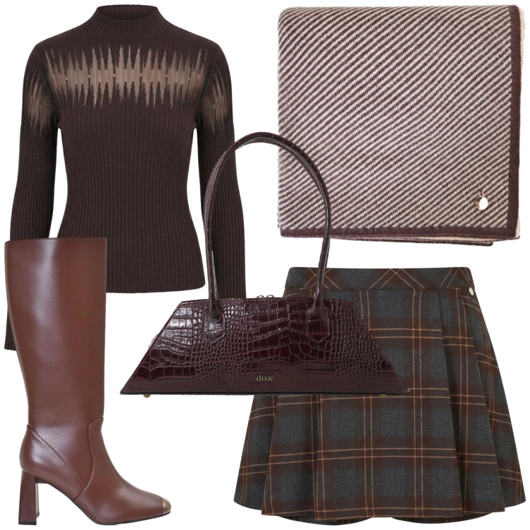 Outfit donna - Scozzese. Stile Casual per Tutti i giorni. Abbinamento con minigonne, pullovers, stivali sopra il ginocchio, sciarpe, borse a spalla.