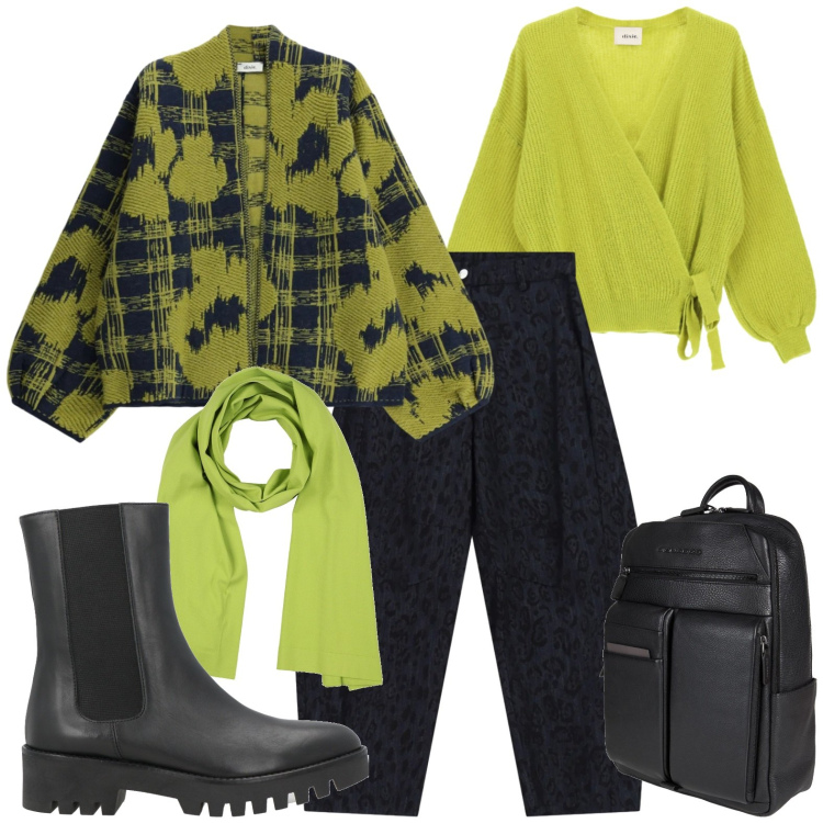 Outfit donna - Casual chic. Stile Casual chic Abbinamento con jeans, cardigans, cardigans, zaini, sciarpe, stivaletti chelsea.