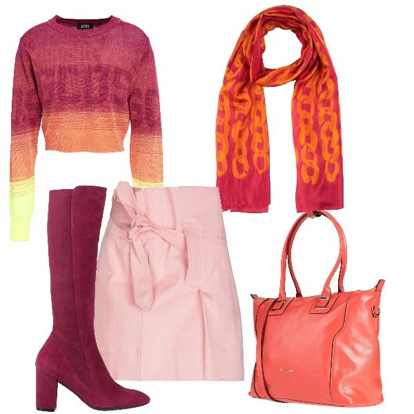 Outfit donna - colore. Stile Glamour per Tutti i giorni. Abbinamento con pullovers, stivali, minigonne, zaini, sciarpe.