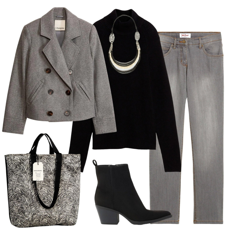 Outfit donna - Fine Settimana. Stile Urban per Serata fuori. Abbinamento con collane, borse tote, jeans dritti, stivaletti texani, blazer, maglieria.
