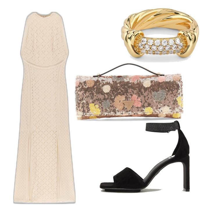 Outfit mujer - Chic outfit. Estilo Chic para Noche/Fiesta elegante. Combinación con sandalias de tacón, anillos, vestidos largos, bolsos de mano.