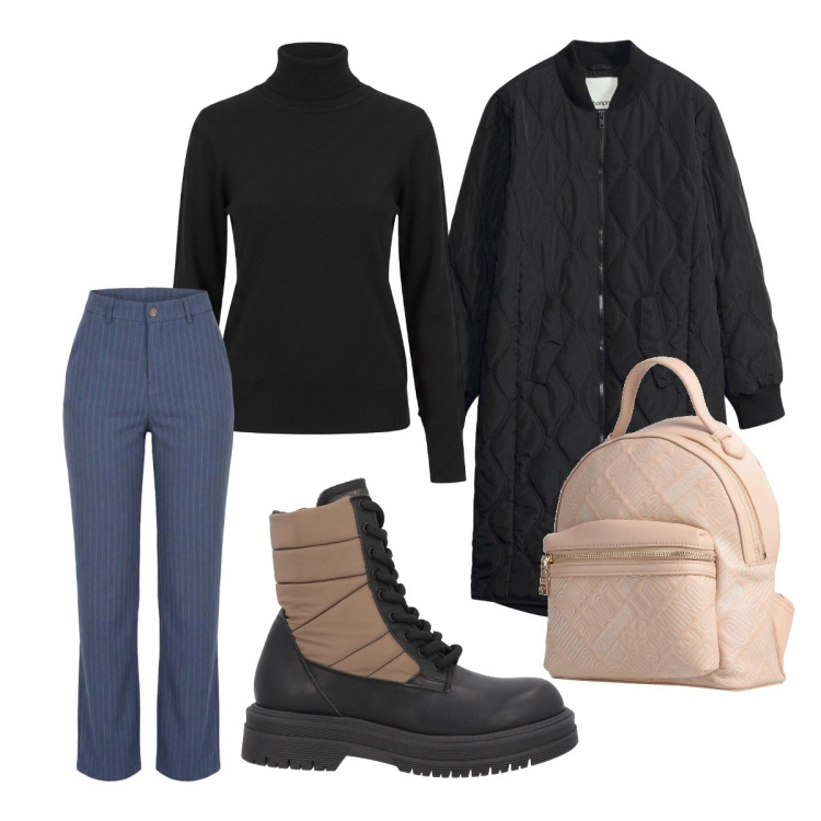 Outfit donna - Weekend anni ‘90. Stile Trendy per Tutti i giorni. Abbinamento con jeans dritti, pullovers, zaini, stivaletti, giacche.