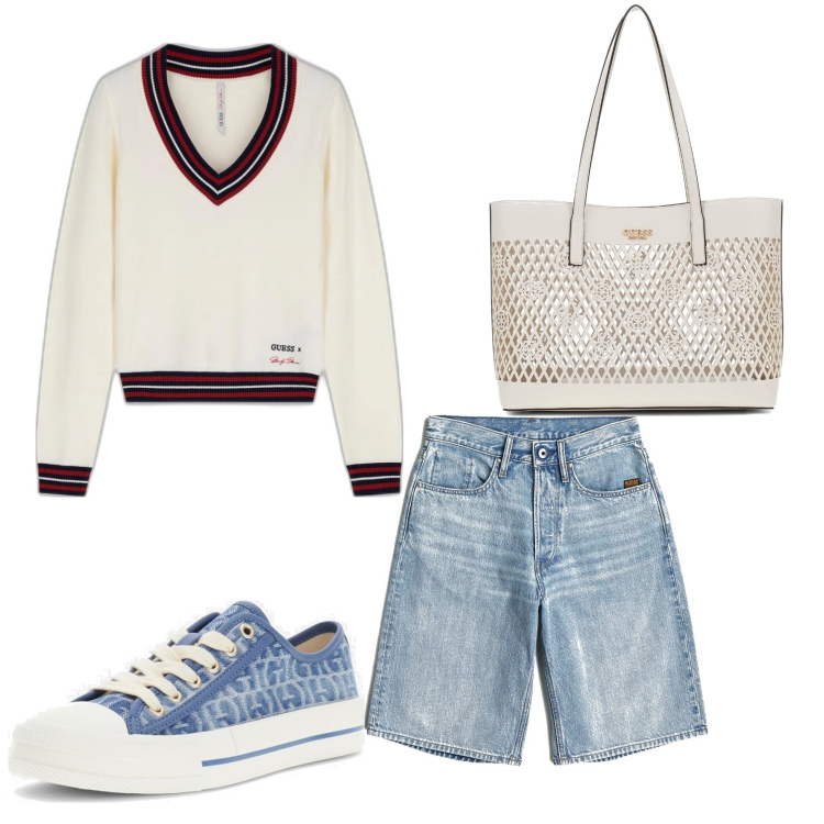 Outfit mujer - Casual. Estilo Casual para Todos los días. Combinación con sneakers, bermudas, prendas de punto, bolso shopper.