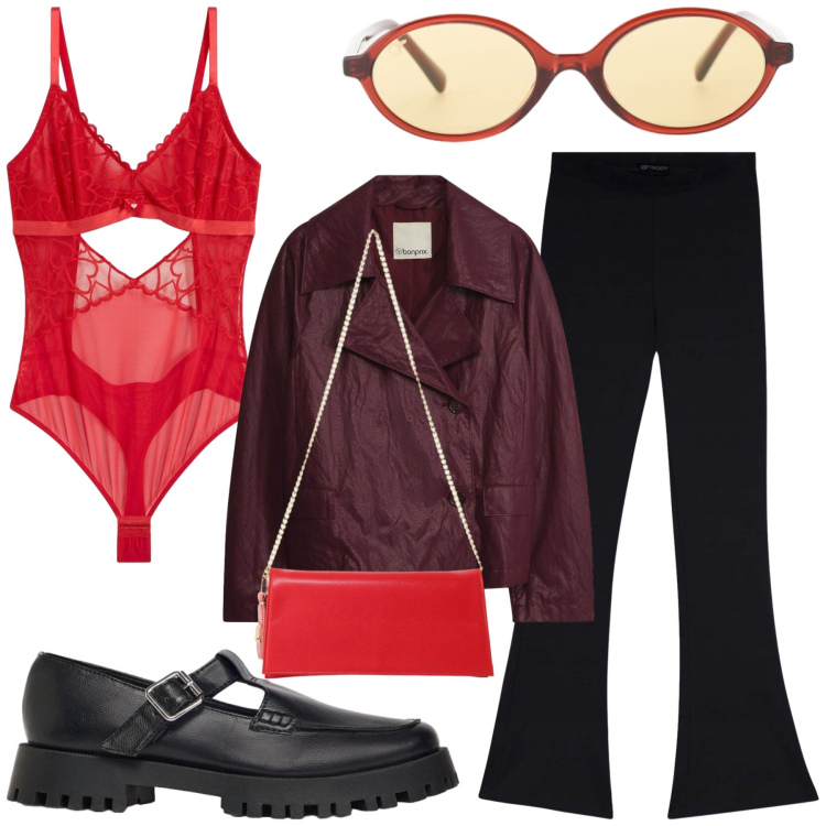 Outfit donna - Rossa. Stile Sexy per Serata fuori. Abbinamento con borse a tracolla, pantaloni, occhiali da sole, body, blazer, mocassini.