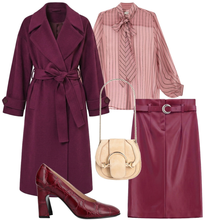 Outfit donna - Bordeaux e rosa. Stile Casual chic per Serata fuori. Abbinamento con gonne longuette, cappotti, camicie, décolleté, marsupi.