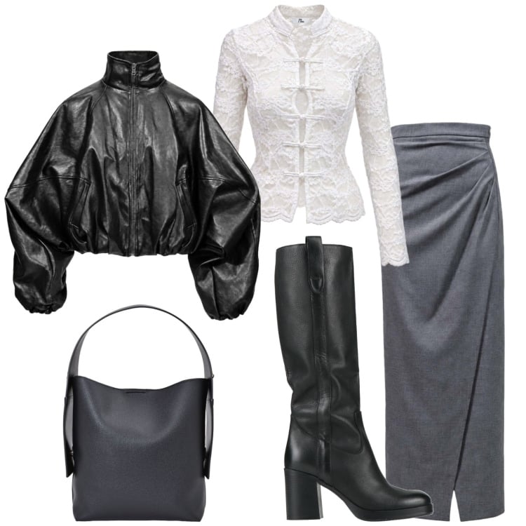Outfit donna - Il bomber è chic. Stile Chic per Ufficio. Abbinamento con gonne lunghe, top, bomber, borse a spalla, stivali.