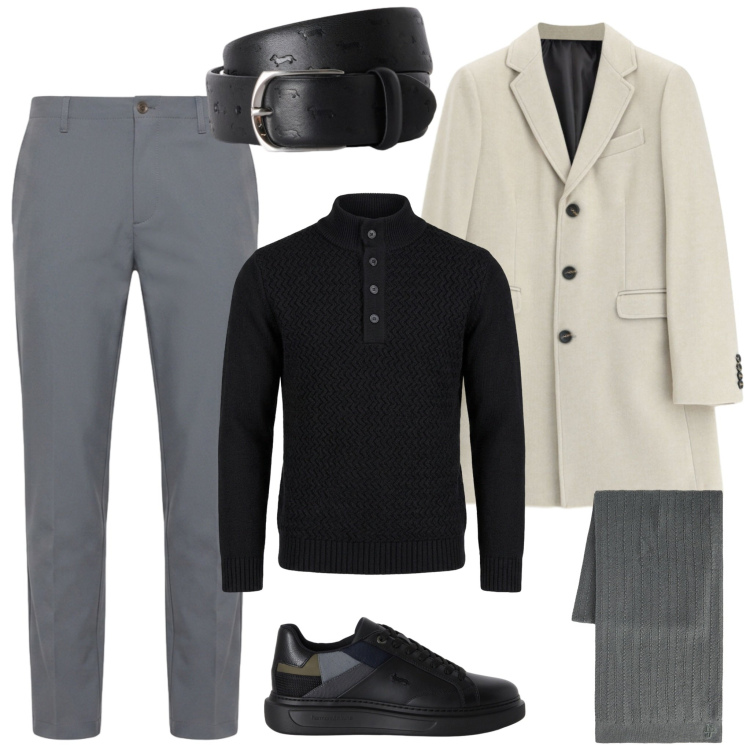 Outfit uomo - Vi ere la città in autunno. Stile Urban per Tutti i giorni. Abbinamento con cinture, sneakers, pantaloni, sciarpe, pullovers, cappotti.