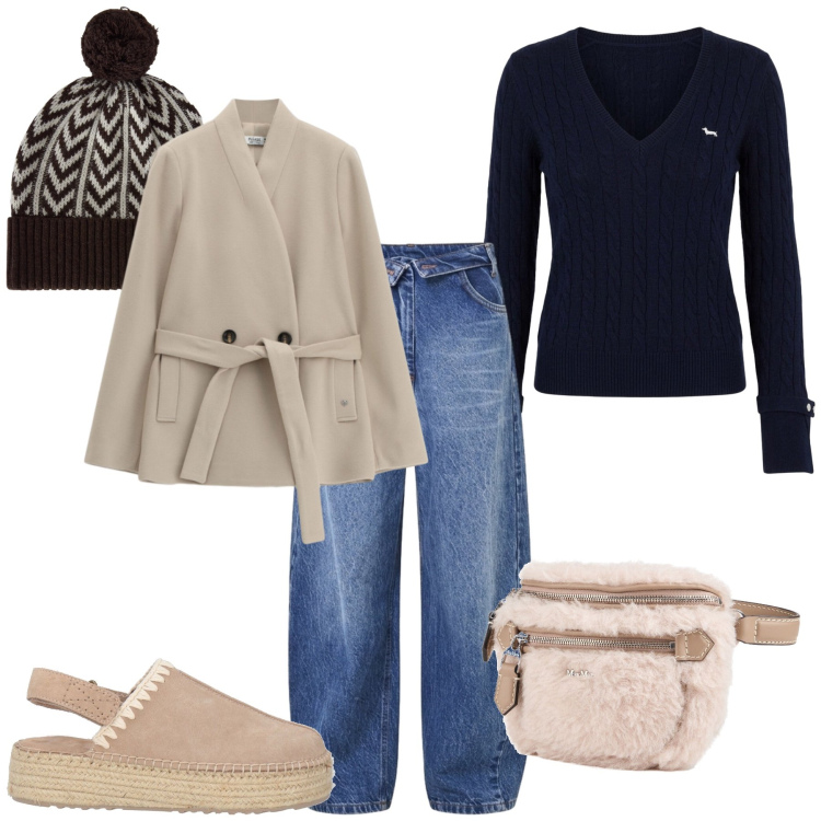 Outfit donna - Total look #2497359. Stile Casual chic per Tutti i giorni. Abbinamento con maglieria, berretti, blazer, jeans mom, espadrillas, marsupi.