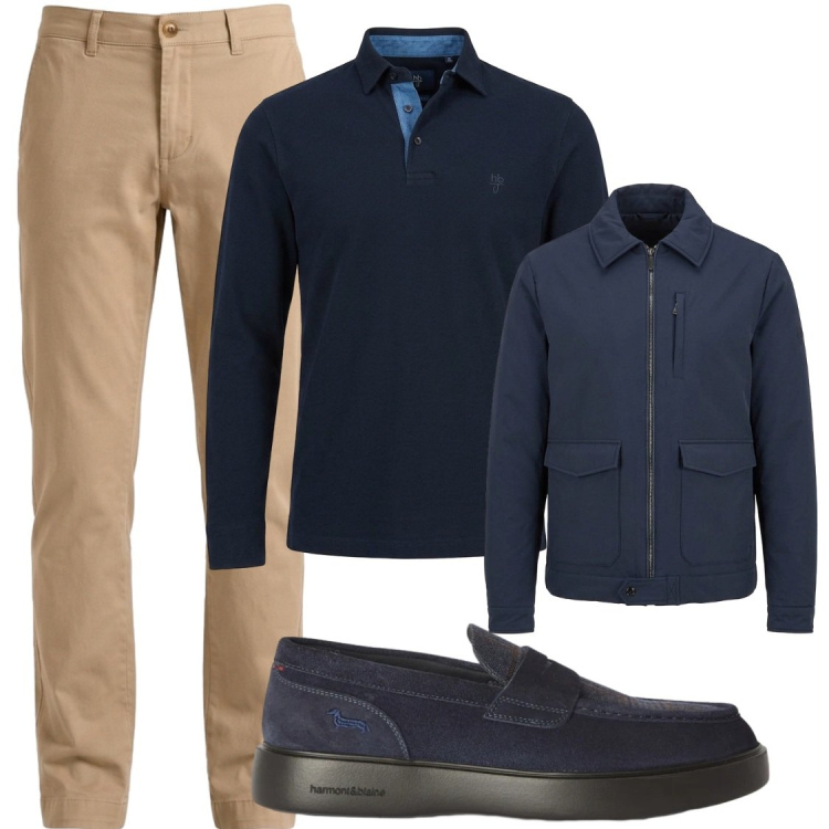 Outfit uomo - Polo blu. Stile Trendy per Ufficio. Abbinamento con scarpe stringate, giacche, polo, pantaloni.