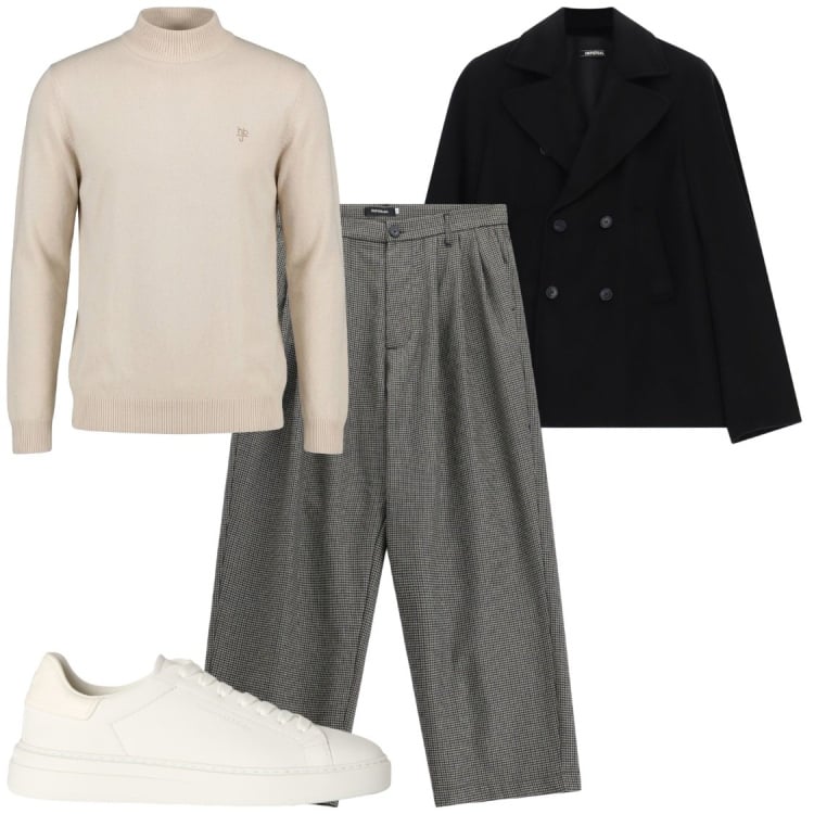 Outfit uomo - Trendy look. Stile Trendy per Tutti i giorni. Abbinamento con sneakers, maglieria, pantaloni, caban.