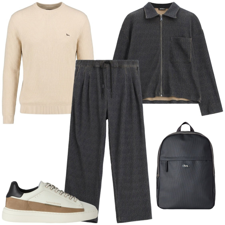 Outfit uomo - Comodità in città. Stile Casual per Tutti i giorni. Abbinamento con sneakers, borse sportive, maglieria, cappotti, pantaloni.