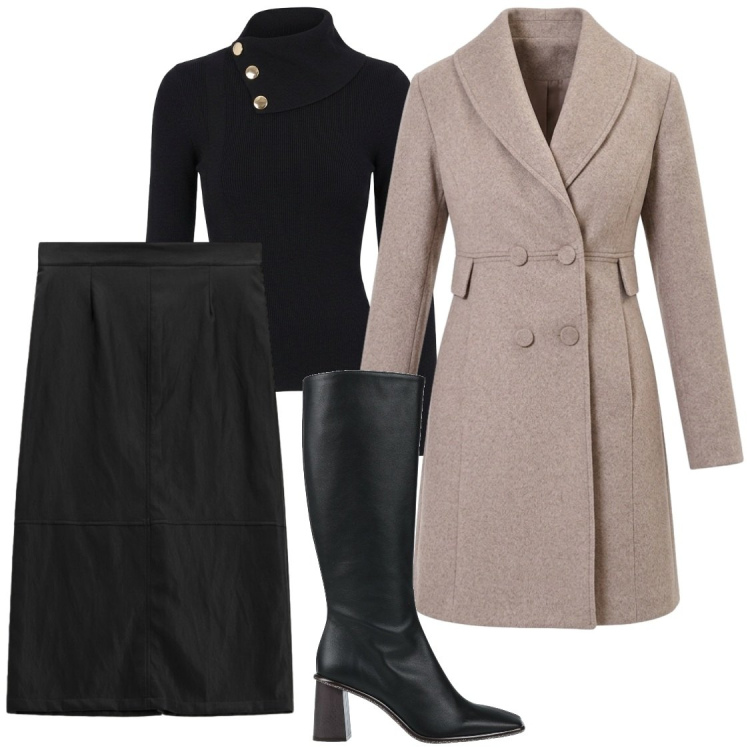 Outfit donna - Inverno mood. Stile Chic per Ufficio. Abbinamento con gonne longuette, cappotti, maglieria, stivali.