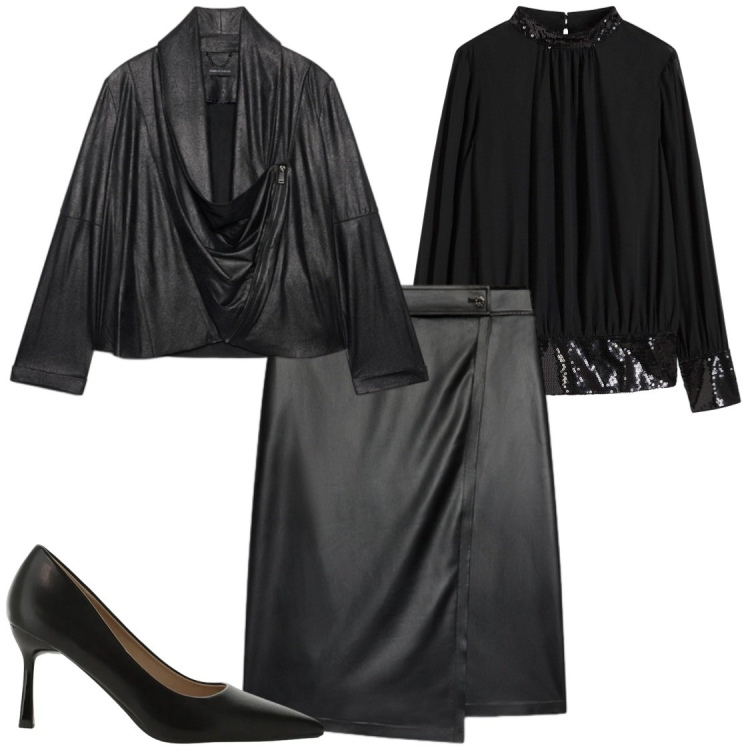 Outfit donna - Sabato sera. Stile Chic per Serata fuori. Abbinamento con décolleté, gonne longuette, blazer, bluse.