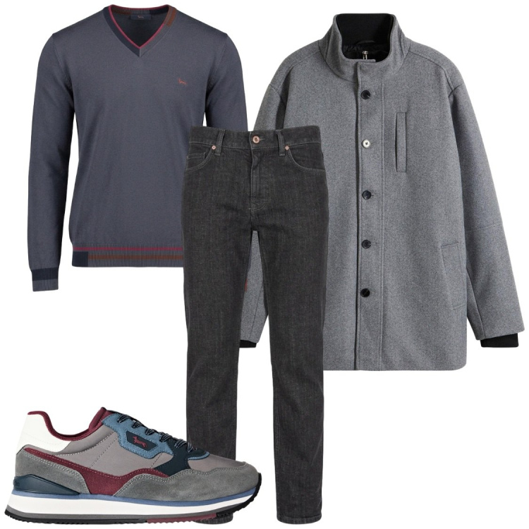 Outfit uomo - Base grigia. Stile Trendy per Tutti i giorni. Abbinamento con maglieria, jeans, sneakers, giacche.