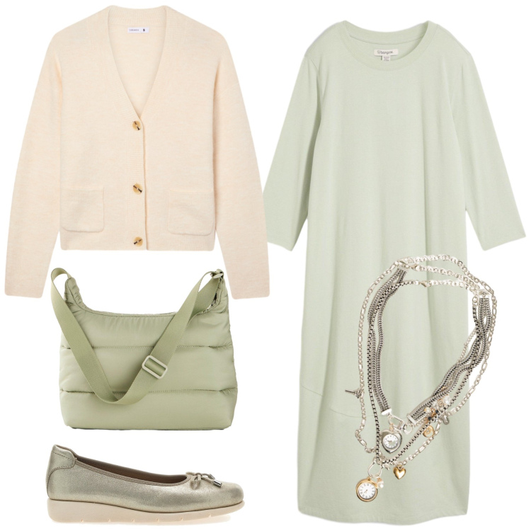 Outfit donna - Total look #2497373. Stile Casual chic per Tutti i giorni. Abbinamento con collane, cardigans, ballerine, vestiti, borse a tracolla.