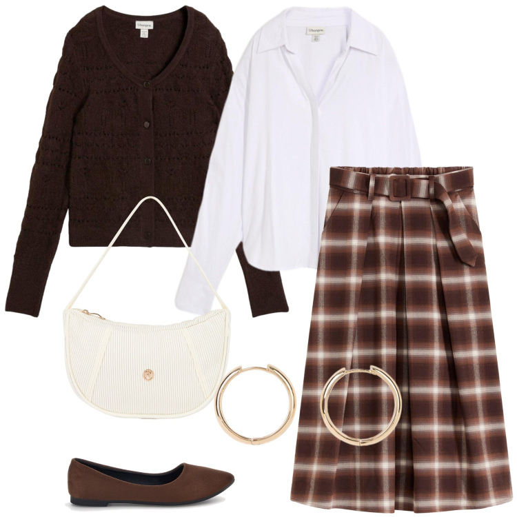 Outfit donna - Total look #2497375. Stile Casual chic per Tutti i giorni. Abbinamento con borse a mano, gonne, cardigans, orecchini, bluse, ballerine.