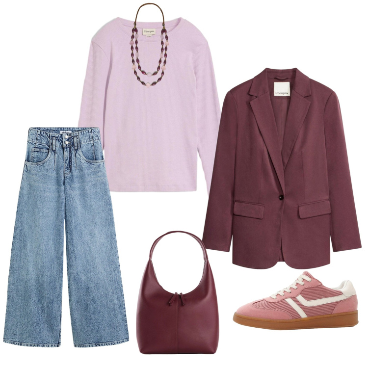 Outfit donna - Jeans, lavanda e borgogna. Stile Basic per Tutti i giorni. Abbinamento con collane, t-shirt, jeans, blazer, sneakers, borse a mano.