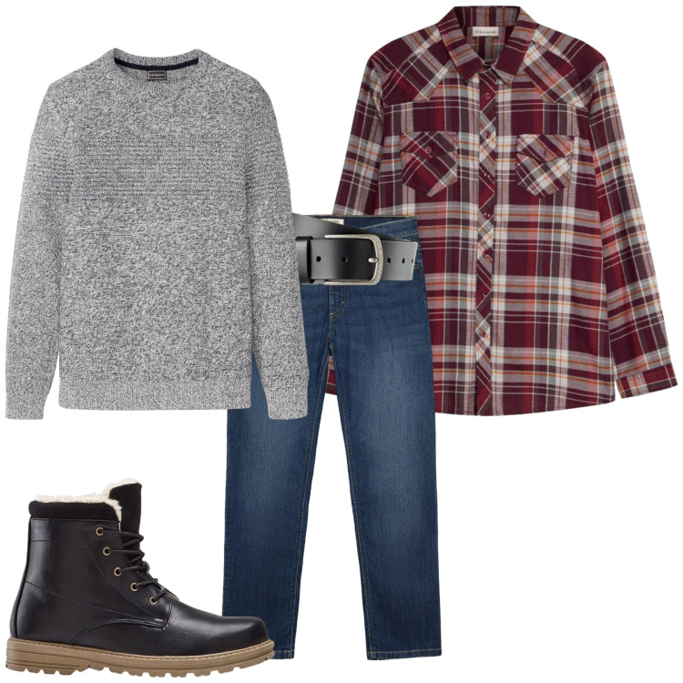 Outfit uomo - Total look #2497394. Stile Urban per Tutti i giorni. Abbinamento con stivali e stivaletti, maglieria, cinture, jeans dritti, camicie.