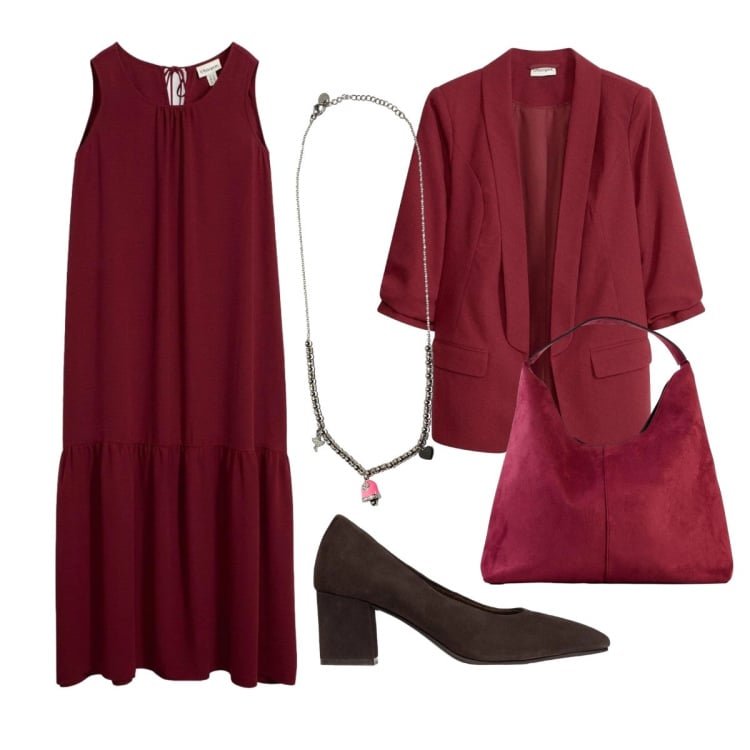 Outfit donna - Invito d’autunno. Stile Trendy per Cerimonia. Abbinamento con ciondoli, vestiti lunghi, borse a spalla, blazer, décolleté.