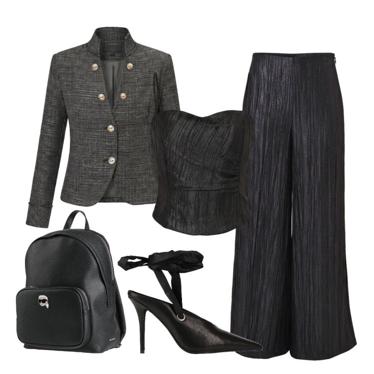 Outfit donna - In ufficio con Rinascimento. Stile Mannish per Ufficio. Abbinamento con blazer, pantaloni a palazzo, top, décolleté, zaini.